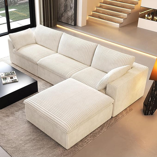 118" L Shaped Modern Sofa Modular Sectional Cloud Couch with Ottoman,Deep Seat Upholstered Couches with Plush Corduroy Fabric for Living Room Furniture,Bedroom and Apartment,No Assembly Required,White