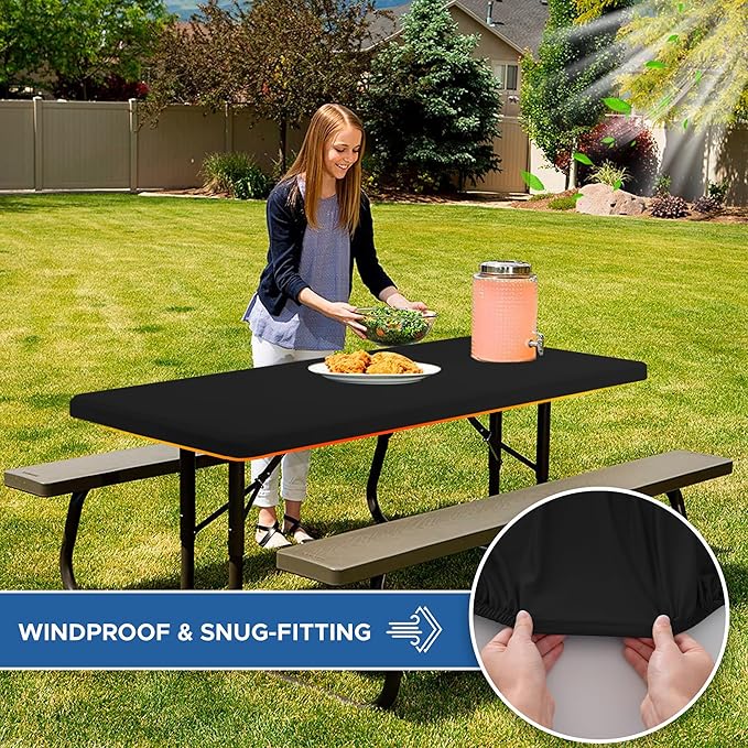 Stretch Table Cover for 4ft Rectangle Tables-10 Pack Black Spandex Table Cloths with Elastic-Stretchy Folding Outdoor Picnic Tablecloth for Camping Dining Room Patio Kitchen Banquet Party