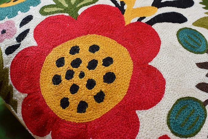 Red Polish Floral Pillow Cover Bird Flower Pillowcase Floral Outdoor Suzani Cushions Flowery Throw Chair Cushion Farmhouse Pillowsham Hand Embroidered Wool 18x18 Inch