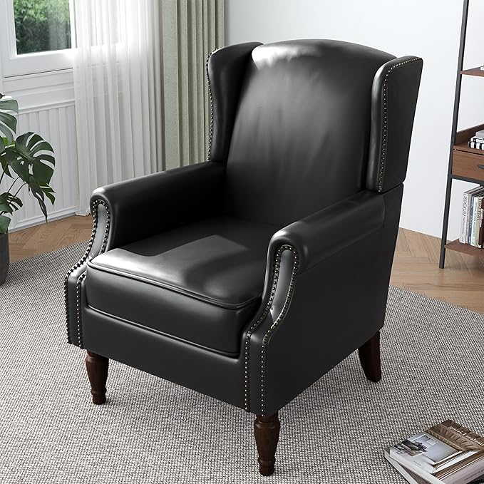 Accent Chair, Faux Leather High Back Armchair or Living Room, Comfy Upholstered Single Sofa Reading Chair with Solid Wood Legs for Office, Bedroom, Waiting Room-Black