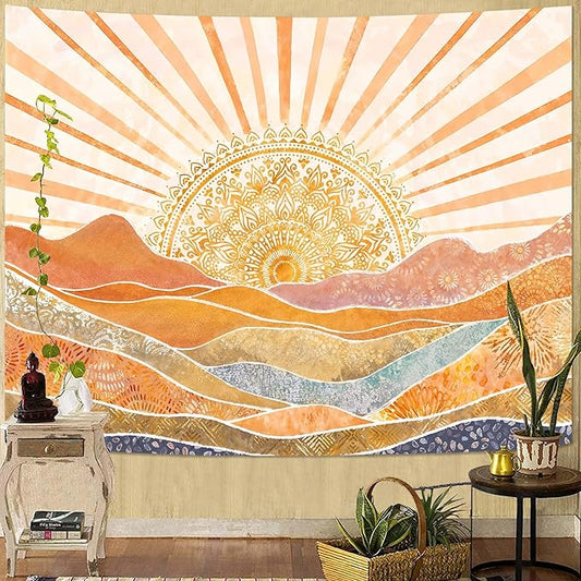 Lunerfex Bohemian Mandala Sunrise Wall Tapestry, Abstract Mountain Scenery Tapestries for Home Decor, Boho Tapestry 80x60 Inch