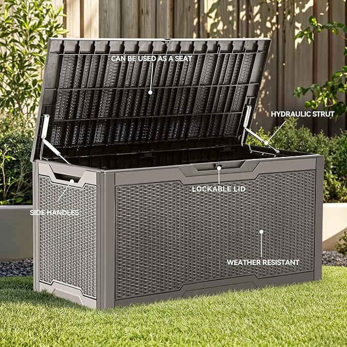 YITAHOME 100 Gallon Outdoor Storage Box, Large Water Resistant Resin Deck Box, Indoor Outdoor Lockable Storage Container for Patio, Garden, Cushions, Tools, Equipment (Taupe)