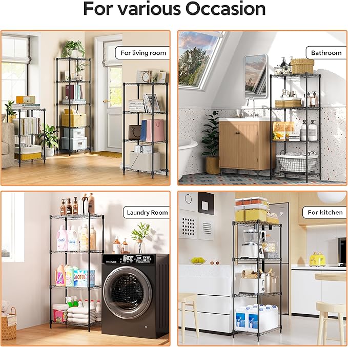 4 Tiers Shelf Metal Storage Shelves Wire Rack Closet Organizers with Wheel for Garage Kitchen Bathroom Laundry Black 11.8" D x 17.7" W x 41.9" H