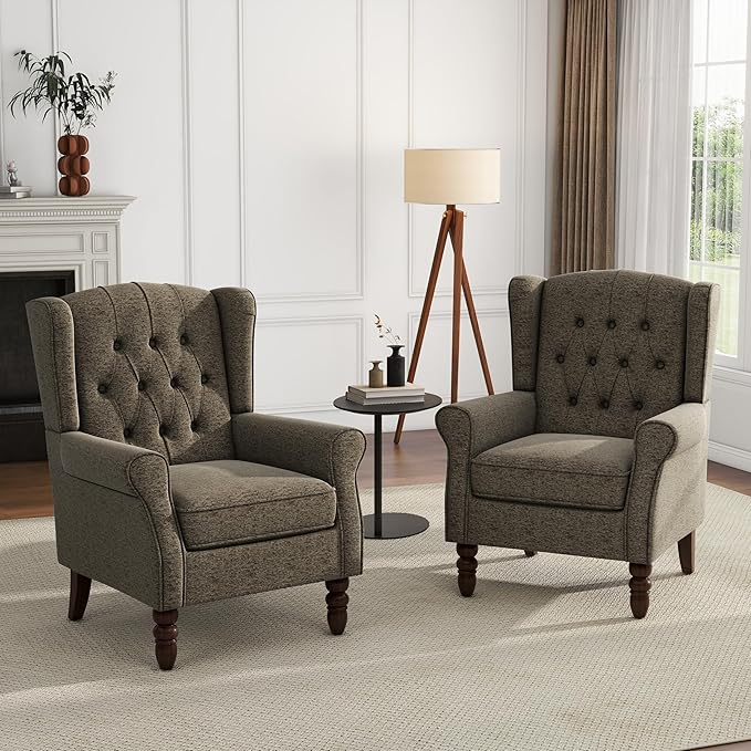 UIXE High Back Accent Chairs Set of 2, Upholstered Armchair in Fabric, Retro Wingback Arm Chair for Living Room, Comfy Single Sofa Bedroom Reading Seat with Solid Wood Legs - Taupe