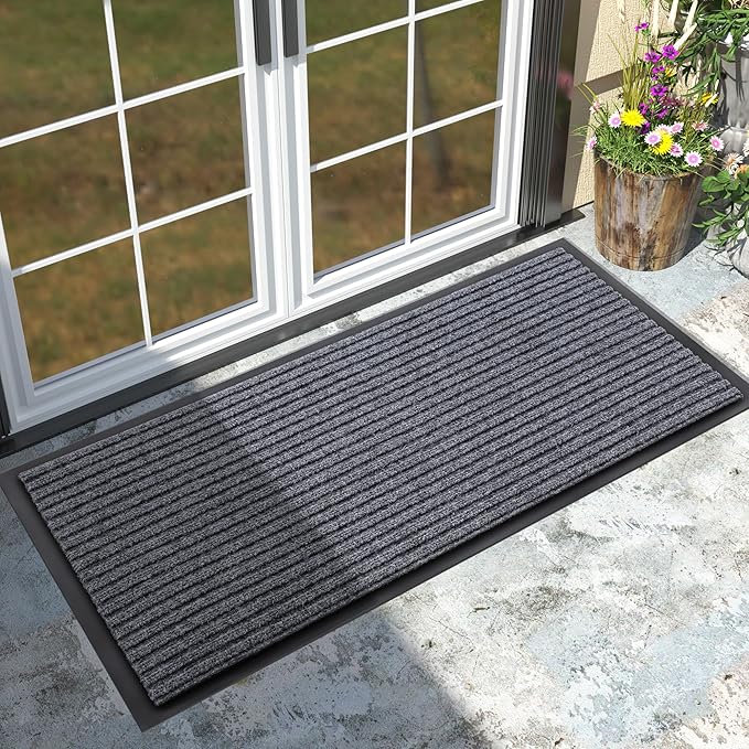 Yimobra Front Door Mat Outdoor Indoor Entrance, 100% Waterproof All-Season All Weather Doormat, Welcome Matt Outside Entry, Non Slip, Low Profile, Heavy Duty Patio Porch Floor Mats,47 x 24,Gray White