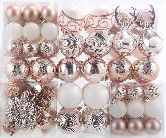 100-Pack Various Shatterproof Christmas Balls, Christmas Decorative Ball Ornaments for Xmas Tree- Rose Gold