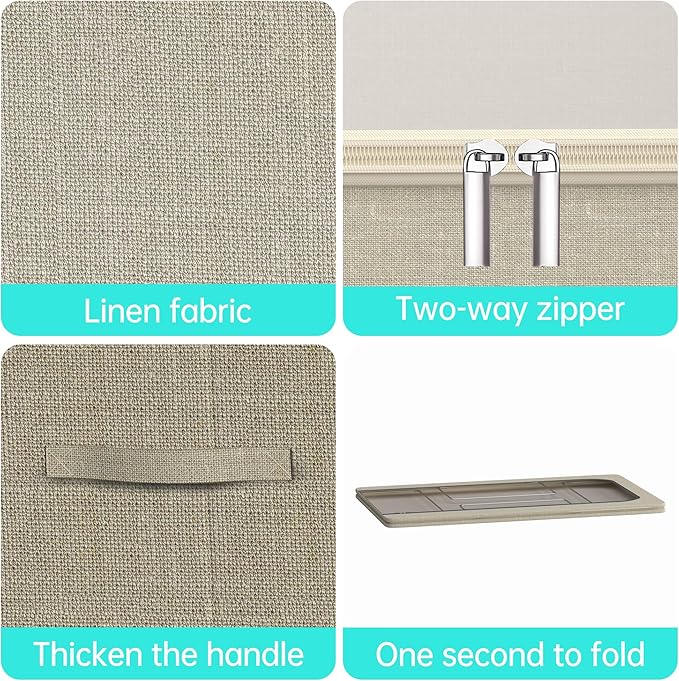 3PCS Under Bed Storage Bins with Metal Frame, Linen Fabric Frame Storage Box Clothes Organizer Bins, Underbed Container with Clear Window (Beige, 15.7 x 13 x 6IN)