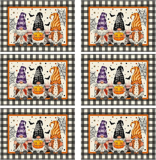 XCHI Spooky Boo Plaid Gnome Halloween Placemats Set of 6 Table Mats for Party Home Kitchen Dining Table Decorations 12x18 Inch