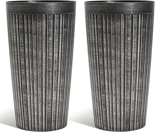 Worth Garden 22.5" H. Plastic Planters - Set of 2 Vintage Black Tall Conical Plant Pots for Indoor Outdoor Use - Decorative Lightweight Flower Pots for Front Porch, Patio, Deck - 12.5" Dia x 22.5" H