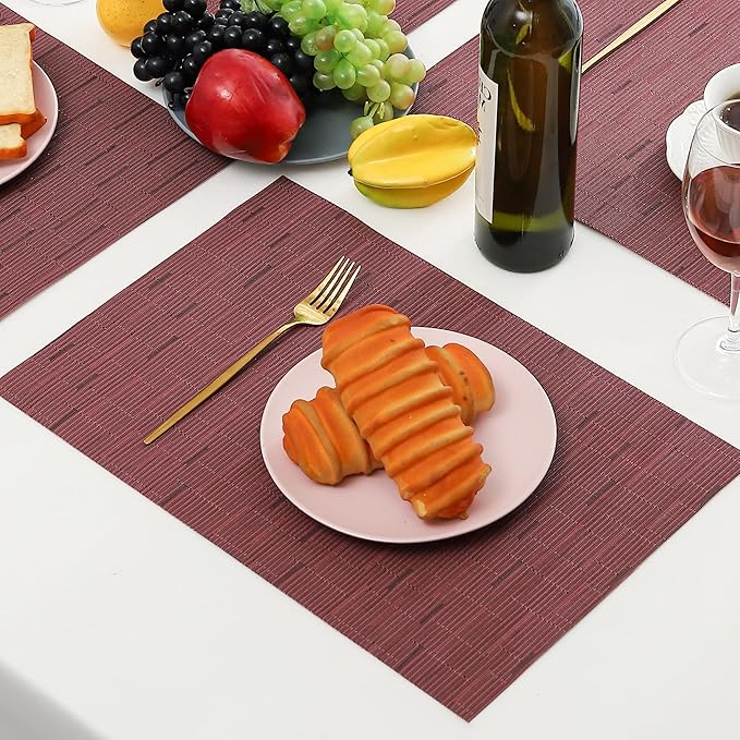 Leetaltree Burgundy Placemats Set of 6 - Heat Resistant Non-Slip Place mats for Dining Table, Washable Durable PVC Vinyl Woven Table Mats（Burgundy, 6）