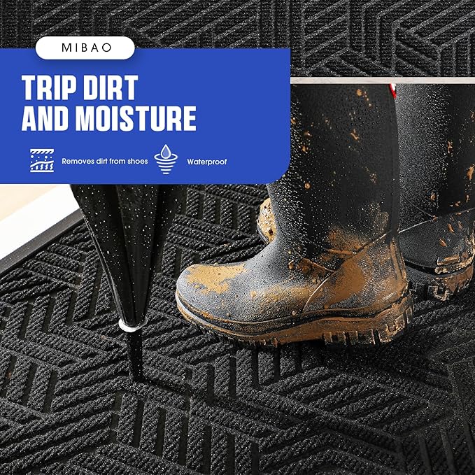 Mibao Front Door Mat Outside Entrance, Durable Outdoor Indoor Mat, Low Profile Heavy Duty Doormat, Non-Slip, Traps Dirt and Moisture, Easy Clean Patio Porch Entryway Mat, 24" x 36", Black