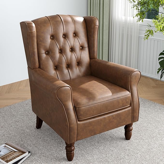 High Back Accent Chair,Upholstered Faux Leather Wingback Armchair with Solid Wood Legs for Small Spaces,Comfy Single Sofa Chair for Living Room,Bedroom,Office-Brown