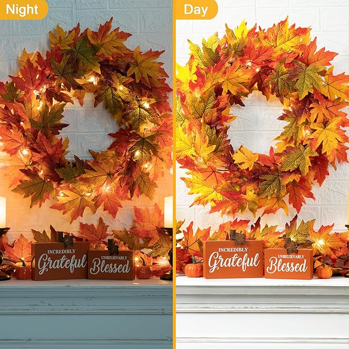 Glitzhome 24 Inch Pre-lit Fall Wreath, Autumn Wreath for Front Door, Lighted Maple Leaves Wreaths with Timer for Thanksgiving Halloween Christmas Wall Front Porch Home Decoration