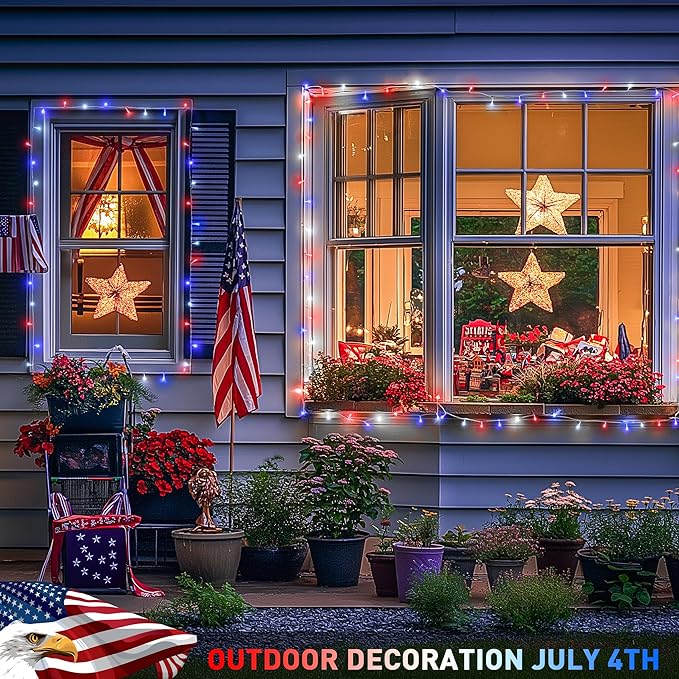 JMEXSUSS 600 LED Red White and Blue Lights Outdoor Plug in, 4th of July Decorations Outdoor Lights for Memorial Day Patriotic American Holiday Tree Party Independence 4th of July Decor