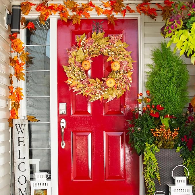 GENMOUS 24 Inch Fall Wreaths for Front Door, Autumn Maple Leaves Wreath for Home Porch Decor, Farmhouse Pumpkin Wreaths for Thanksgiving Halloween Harvest Festival Fall Decoration Outdoor Indoor Home