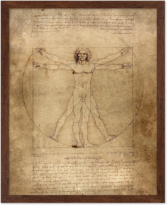 Poster Master Classic Leonardo Da Vinci Poster - Vintage Renaissance Print - Gift for Artist, Friend - Vitruvian Man, Proportion, Symmetry, Human Body - Wall Decor for Office, 11x14 Brown Framed