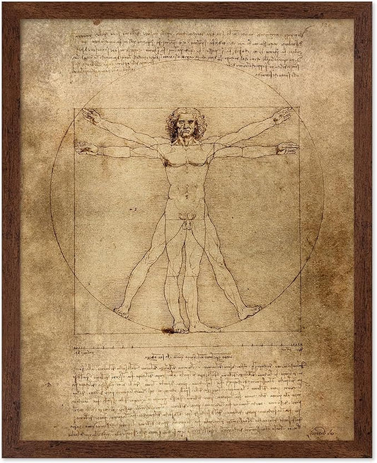 Poster Master Classic Leonardo Da Vinci Poster - Vintage Renaissance Print - Gift for Artist, Friend - Vitruvian Man, Proportion, Symmetry, Human Body - Wall Decor for Office, 11x14 Brown Framed