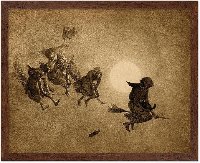 Poster Master Vintage William Holbrook Beard Poster - Retro Occult Print - Gift for Gothic, Horror Fan - The Witches Ride, Pagan, Goth, Magic - Wall Decor for Bedroom, Dorm, 8x10 Brown Framed