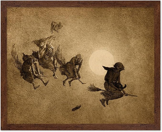 Poster Master Vintage William Holbrook Beard Poster - Retro Occult Print - Gift for Gothic, Horror Fan - The Witches Ride, Pagan, Goth, Magic - Wall Decor for Bedroom, Dorm, 11x14 Brown Framed