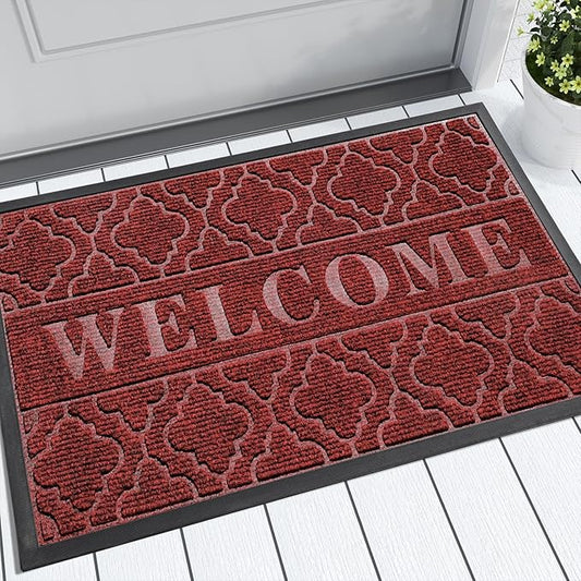 Yimobra Welcome Mat Outdoor Indoor, All-Season Waterproof Front Door Mat Outside Entrance, All-Weather Heavy Duty Non-Slip Doormat, Low Profile Porch Patio Entrance Mats, 36x24, Red