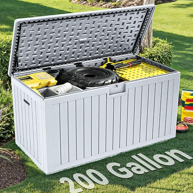 YITAHOME 200 Gallon Extra Large Deck Box, Double-Wall Resin Outdoor Storage Box with Flexible Divider for Patio Cushions Pool Supplies Garden Tools, 990 lbs Load Capacity, Lockable (White)