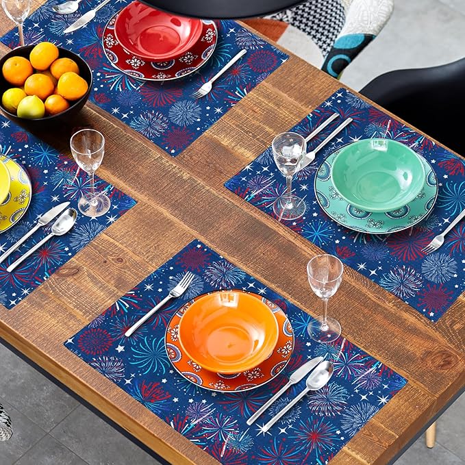 4th of July Placemats Set of 4 Patriotic Red and Blue Fireworks Washable Non-Slip Heat Resistant Place Mats 12x18 Inch Memorial Day Independence Day Table Mats