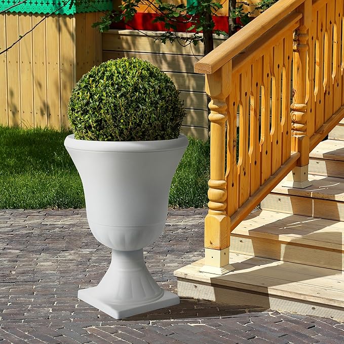 Worth Garden 2-Pack Plastic Urn Planters - 22'' Tall Round Classic Resin Flower Pots Pure White Traditional Large Plant Pots for Front Porch Patio Deck Wedding Decoration Pot - Indoor & Outdoor