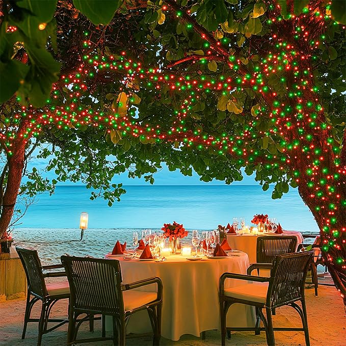 JMEXSUSS Connectable Red and Green Christmas Lights, 8 Modes 100 LED Twinkle String Lights Indoor, Clear Wire Plug-in String Lights Outdoor Waterproof