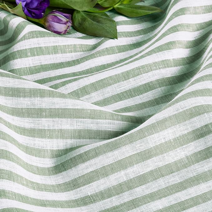 Solino Home Linen Striped Tablecloth 60 x 90 Inch - 100% Pure Linen Green and White Table Cloth for Rectangle Tables - Amalfi Stripe, Machine Washable Tablecloth for Fall, Autumn