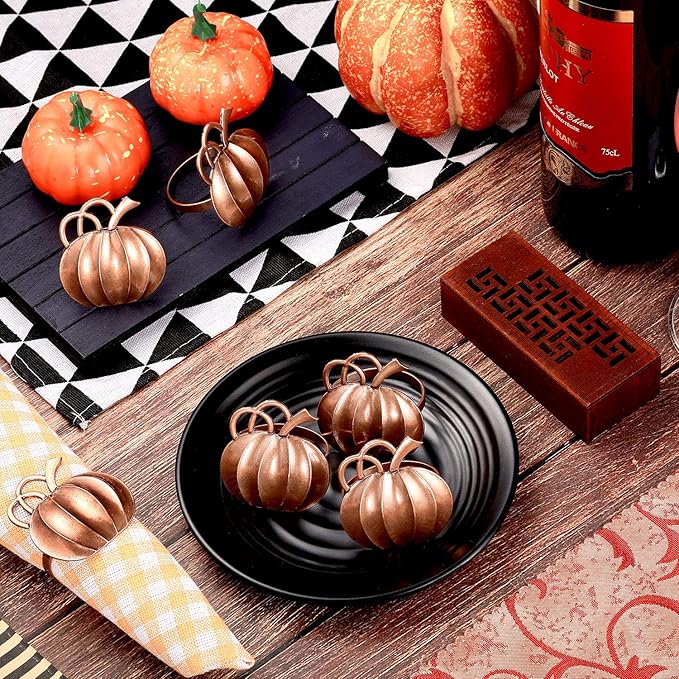 Patelai 6 Pieces Pumpkin Napkin Rings Fall Napkin Holders Thanksgiving Halloween Dinner Tables Rings for Thanksgiving Dinner Party Weddings Family Gatherings (Bronze)