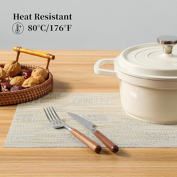 Leetaltree Wheat Placemats Set of 6 - Heat Resistant Non-Slip Place mats for Dining Table, Washable Durable PVC Vinyl Woven Table Mats（Wheat, 6）