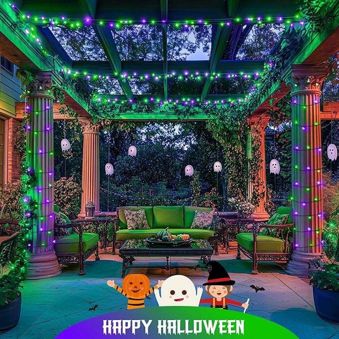 JMEXSUSS 2 Pack Purple and Green Halloween Lights, Total 400 LED 151FT Solar Halloween Lights Outdoor Waterproof, 8 Modes Solar Christmas String Light for Outside Tree Patio Decorations