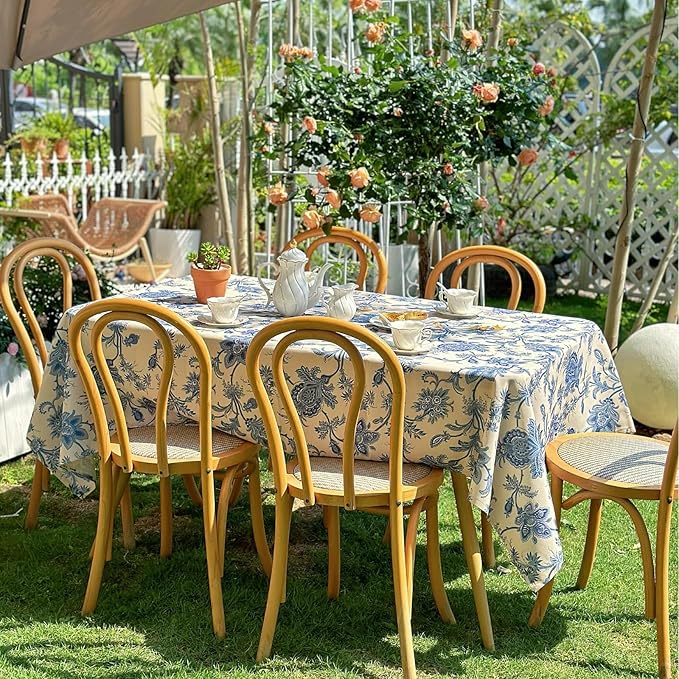 Outdoor Rectangular Tablecloth 60 x 84 Inch, Blue Floral Waterproof Table Cloth, Thick Fabric Dining Table Cover for Outdoor, Easter, Picnic, Farmhouse, Wedding, Spring Summer - Blue Flower