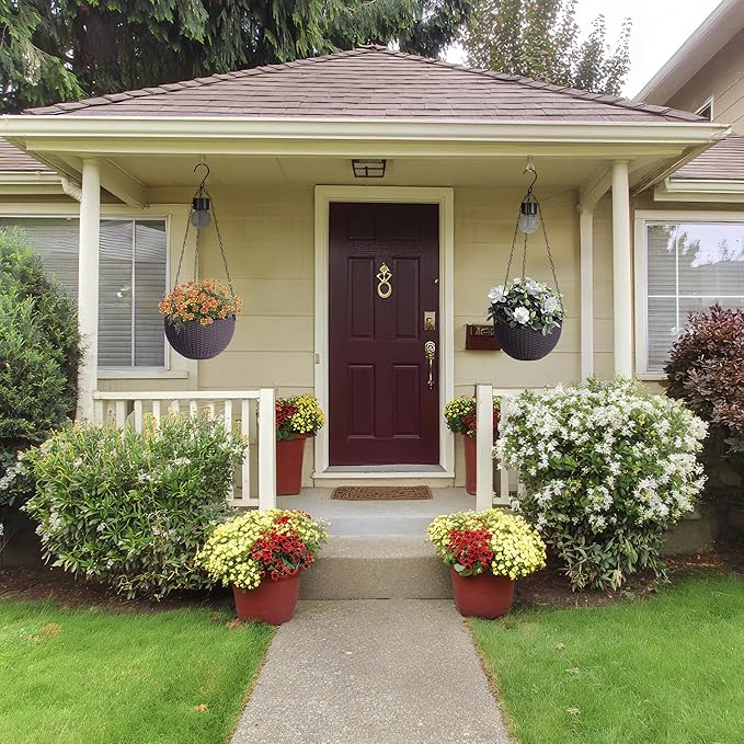 Hanging Planters for Outdoor Plants,2 Pack Coffee Artificial Rattan Solar Hanging Baskets with Drainage Holes & Removable Tray,Hanging Flower Pots Gardening Gifts for Women/Mothers