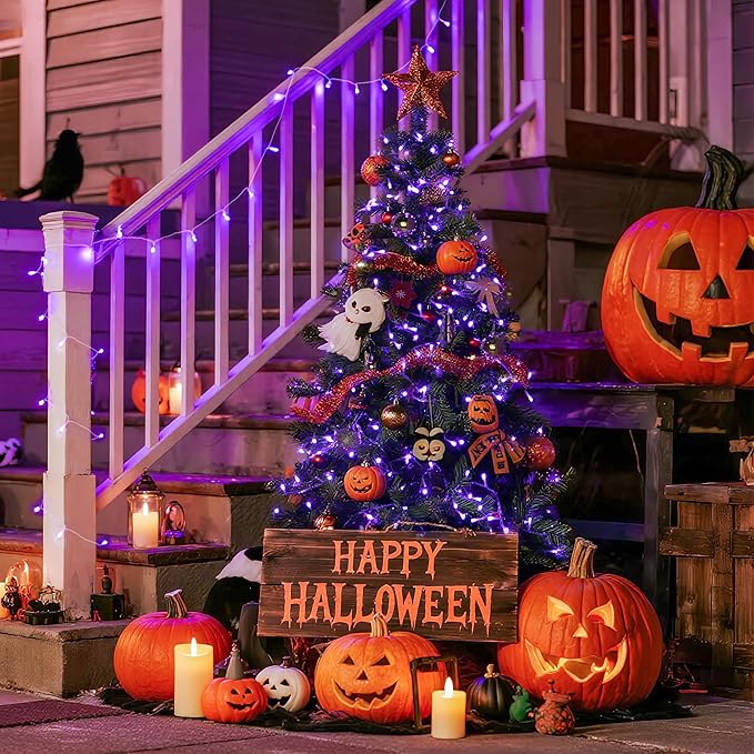 JMEXSUSS Connectable 100 LED Purple Halloween Lights Indoor, 8 Modes Plug in Purple Christmas String Lights Clear Wire, 33ft Christmas Tree Light Outdoor for Halloween Tree, Garden, Bedroom