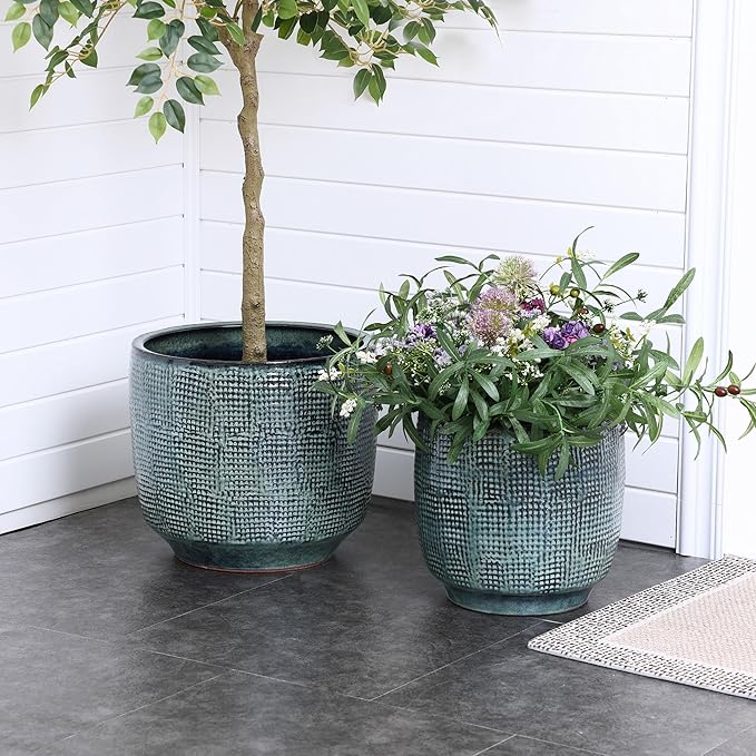 LuxenHome 15.5-Inch Dia Ceramic Plant Pot, Large Indoor Outdoor Decorative Planters with Drainage Hole and Rubber Plug, Modern Green Glazed Round Flower Pot Planter for Home Garden Patio Front Porch