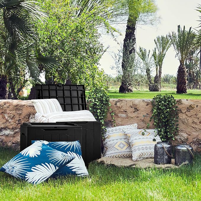 JUMMICO 31 Gallon Resin Deck Box Waterproof Indoor Outdoor Storage Boxes for Patio Furniture Cushions and Garden Tools (Black)