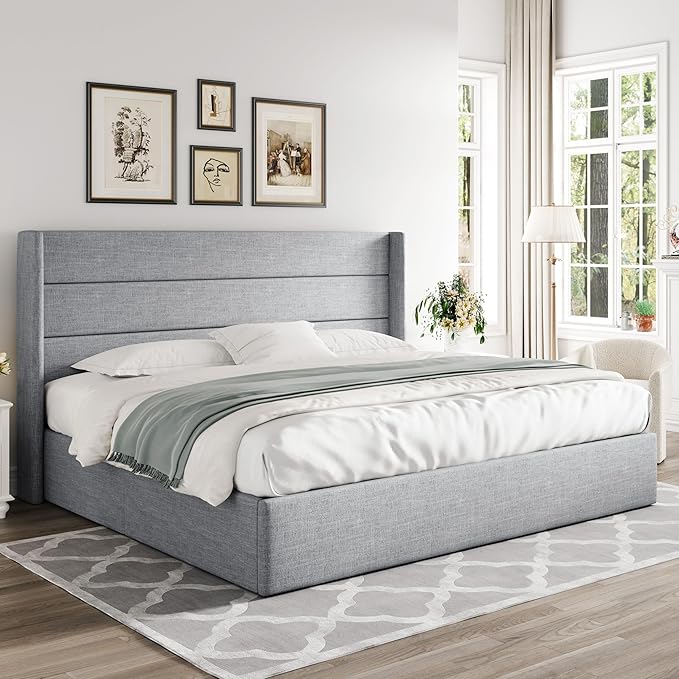 Allewie King Size Lift Up Storage Bed, Modern Wingback Headboard, Hydraulic Support, No Box Spring Needed, Light Grey