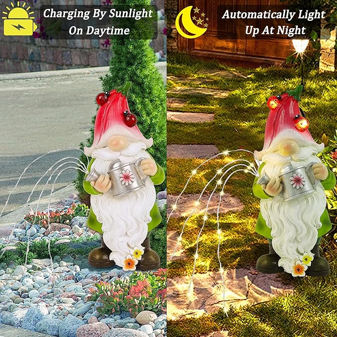 Joliyoou Solar Garden Statue Outdoor Decor, 10.2" H Resin Gnome with Watering Can & Solar Fairy Lights, Waterproof Standing Gnome Figurine for Lawn Yard Pathway Patio Front Door Decoration