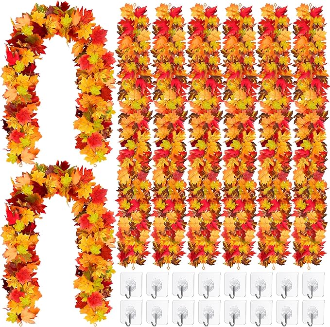 Fovths 8 Pack Maple Leaves Garland 5.8ft/Pc Artificial Fall Decorations Colorful Autumn Hanging Vine for Thanksgiving Halloween Fireplace Indoor Outdoor Decor