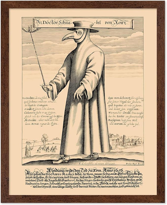 Poster Master Vintage Medieval Poster - Retro Illustration Print - Gift for Friend - Plague Doctor, Pandemic Mask, Physician, Black Death - Wall Decor for Home, Living Room, 16x20 Brown Framed