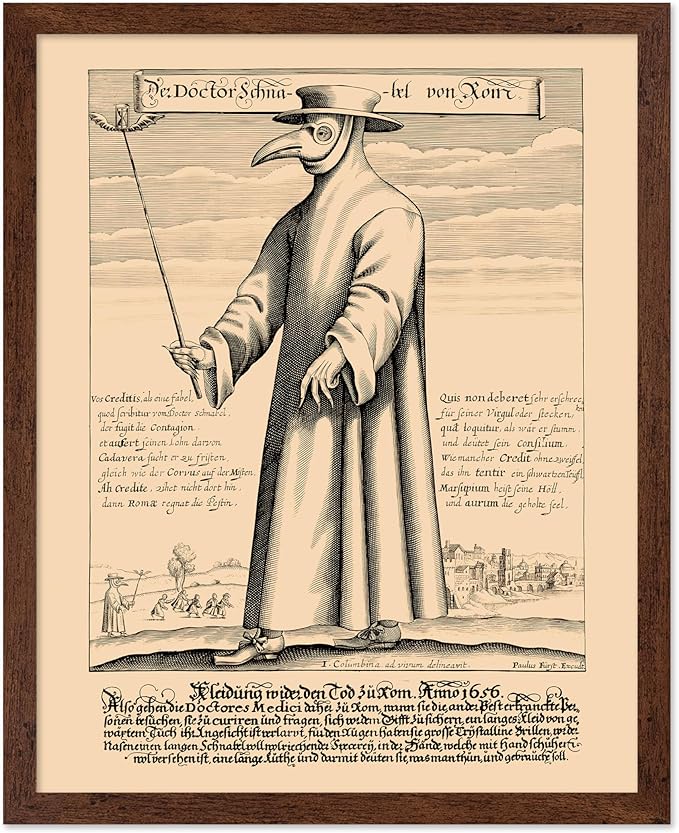 Poster Master Vintage Medieval Poster - Retro Illustration Print - Gift for Friend - Plague Doctor, Pandemic Mask, Physician, Black Death - Wall Decor for Home, Living Room, 11x14 Brown Framed