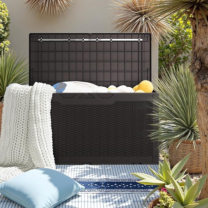 JUMMICO 100 Gallon Resin Deck Box with Cushion, Waterproof Outdoor Storage Box with Lockable Lid for Garden Tools, Patio Cushions (Brown)