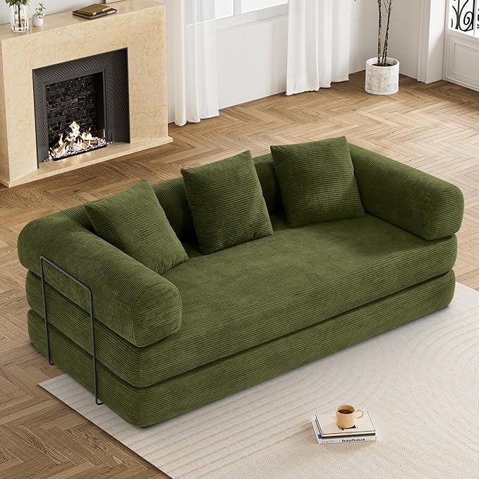 80.3" Convertible Sleeper Sofa Bed with Cylindrical Pillow, Corduroy Folding Mattress Couch with Fixed-Shape Frame, Modular Floor Sofa Lounge Couch for Living Room Bedroom Lounge, Green