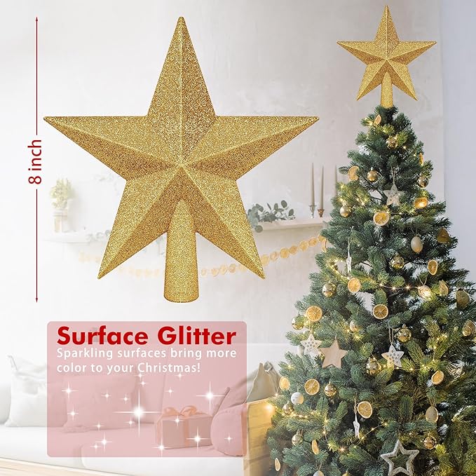 Christmas Tree Star Topper, 8" Gold Xmas Star Tree Decorations, 3D Shatterproof Bethlehem Star Tree Topper Decorations, Waterproof Christmas Tree Topper Decor for Holiday Home Outdoor Ornament