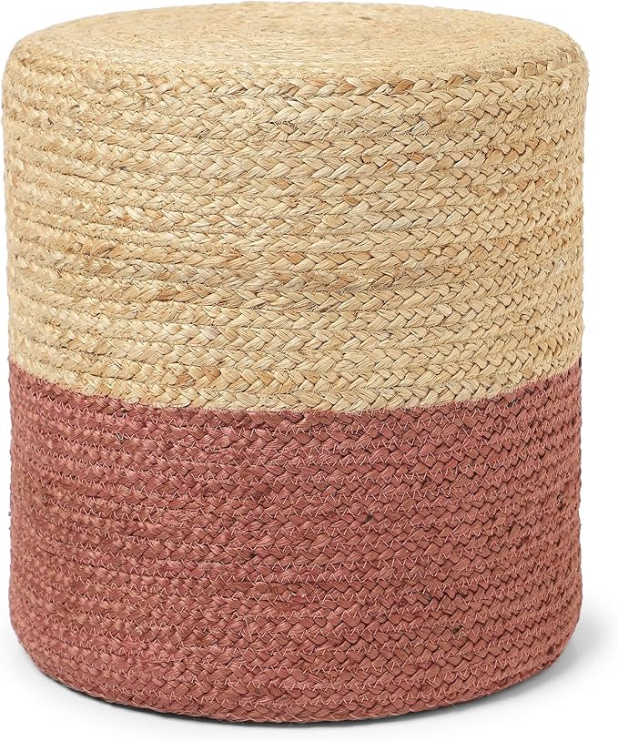 REDEARTH · Cylindrical Pouf Foot Stool Ottoman - Jute Braided Pouffe Poof Accent Sitting Footrest for Living Room, Bedroom, Nursery, Patio, Lounge (Natural Rust, 14.5"x14.5"x16")