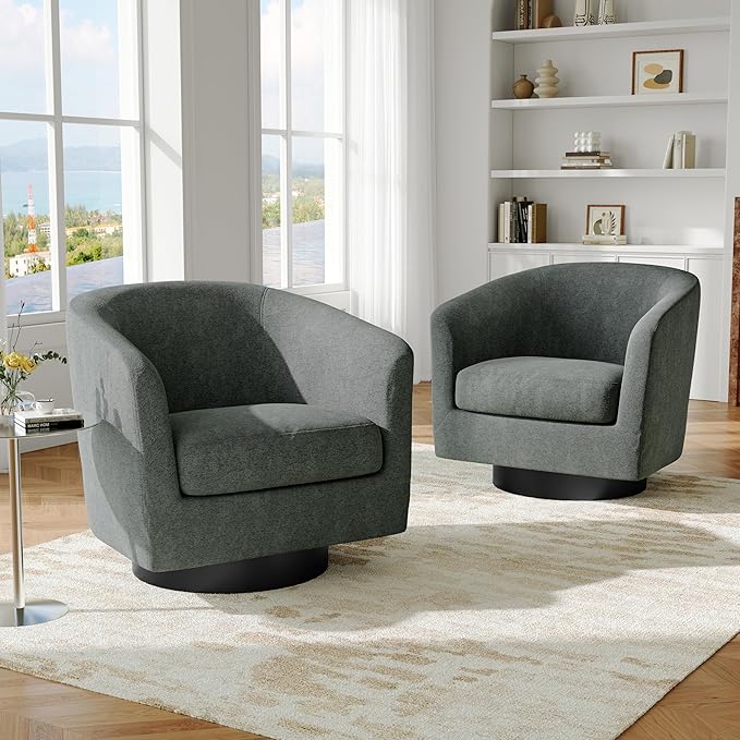 Swivel Barrel Accent Chair, Modern Round Chenille Fabric Arm Chair for Living Room, Bedroom, Comfy Club Reading Chairs for Adults（Chenille Fabric, Grey, Set of 2