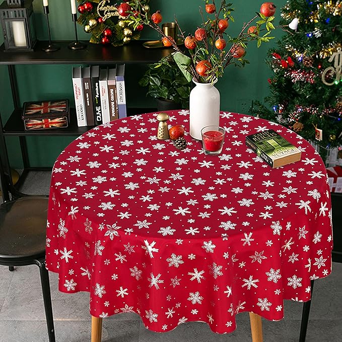 LUSHVIDA Christmas Tablecloth Round - 60inch Snowflakes Foil Print Pattern Washable Wrinkle Resistant Holiday Tablecloths for Christmas Family Gathering, Dining Room Table 130GSM