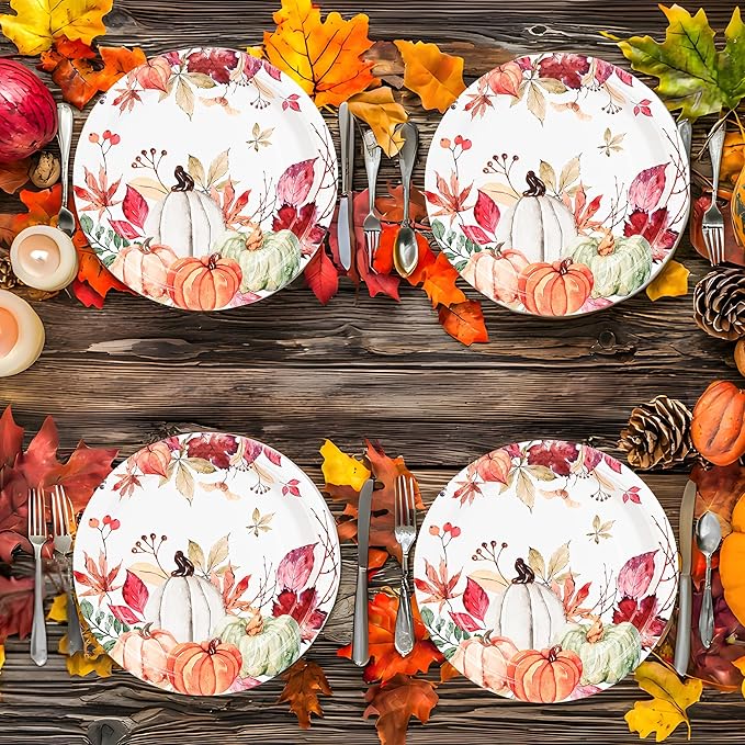 AllReal Fall Pumpkins Paper Plates Rustic Pumpkin Leaves Disposable Party Plate 7" Thanksgiving Autumn Dessert Plate for Birthday Baby Shower Party Supplies Table Decor (24)