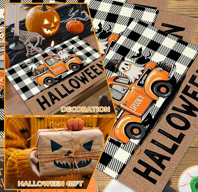 Halloween Pumpkin Placemats Set of 4, 12x18 Inch Plaid Truck Decorative Table Mats, Washable Heat Resistant Place Mats for Kitchen Dining Table, Spooky Themed Decoration for Home-B08